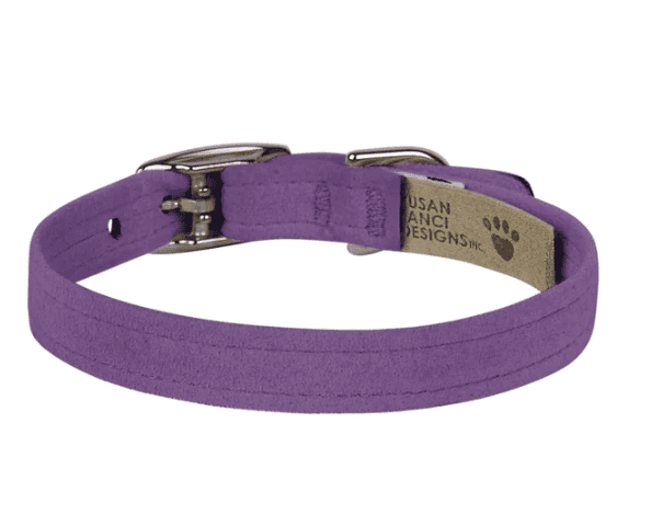 Purple adjustable dog collar made of durable fabric with metal buckle, perfect for stylish and comfortable pet accessories.